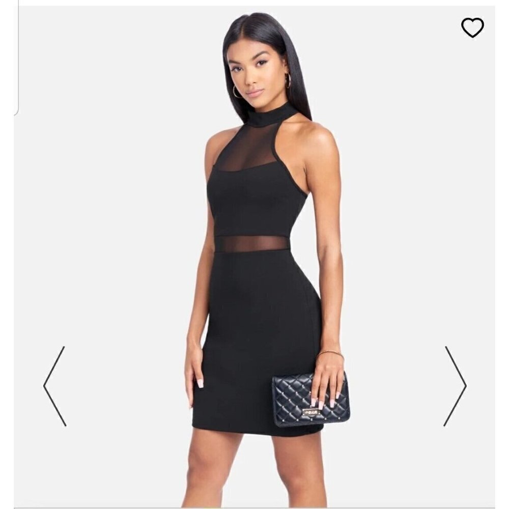 BEBE Illusion Mesh Cut Out Mini Halter Dress Black Sleeveless Women's Size M